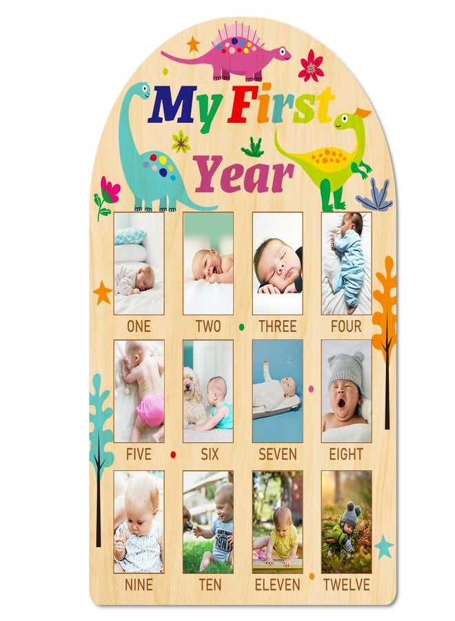 ORIGACH My First Year Baby Growth Photo Display Wood Board - 12 Months Newborn Milestones Photo Board - Neutral Baby Keepsake Board 1st Birthday Party Nursery Decor New Mom Gift - Dinosaur - Image 1